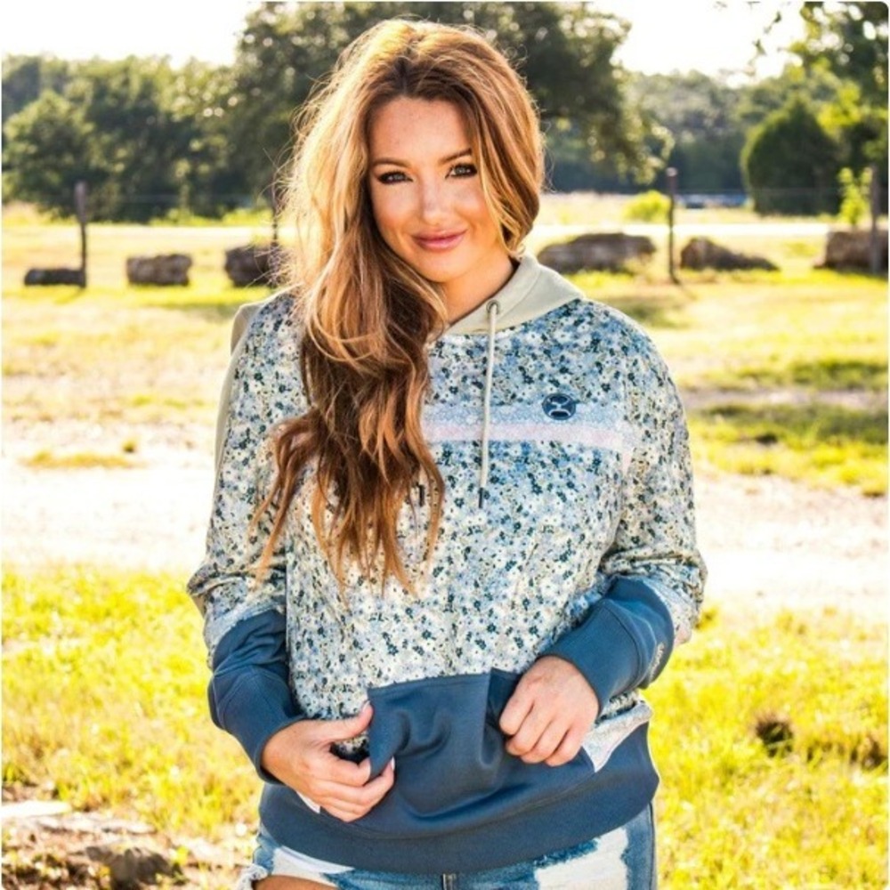 Hooey Womens XXL DitzyFloral Colorblock Hoodie Blue Tan Pink Pullover Sweatshirt